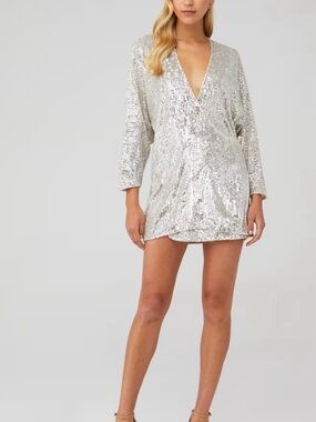 Sequin V-Neck Mini Chemise in Silver